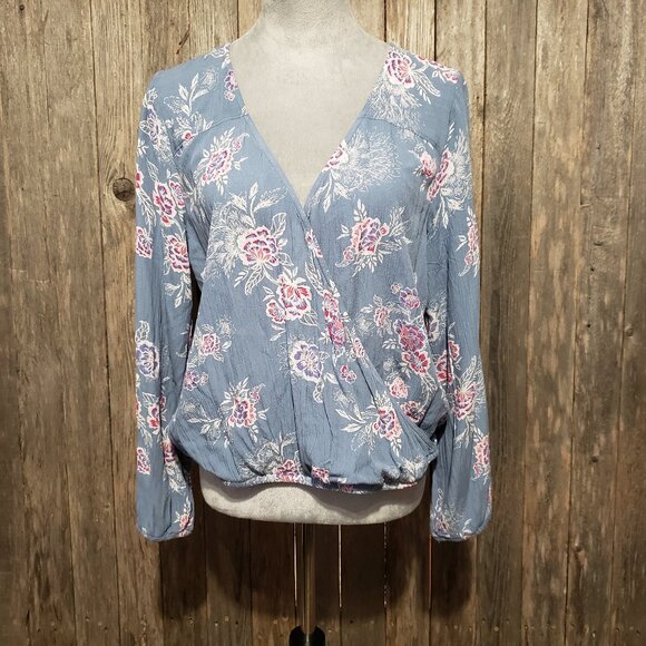 Mudd M Top Blouse Juniors Blue Pink Floral Surplice Faux Wrap Long Sleeve Rayon - Picture 1 of 6